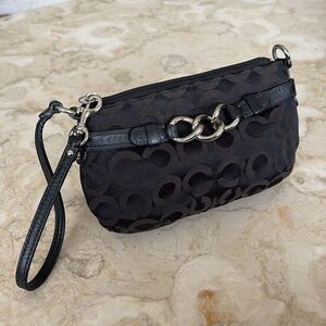 Coach Signature Monogram Black Cloth & Leather Wristlet